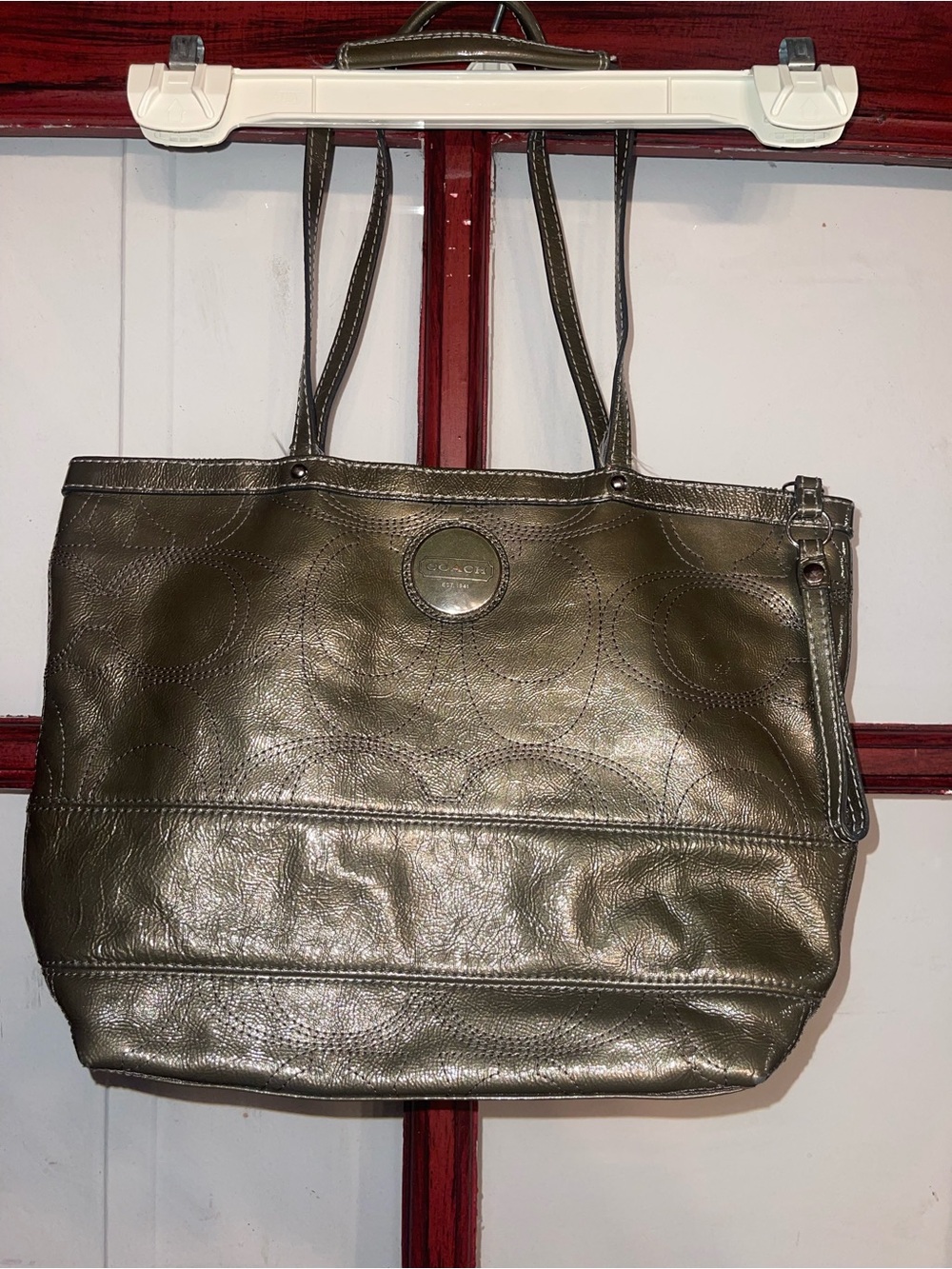 Coach Olive Green Metallic Leather Tote